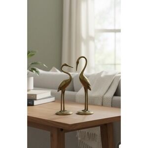 Vintage Mid Century Modern Brass Crane Bird Figurines Set Hollywood Regency